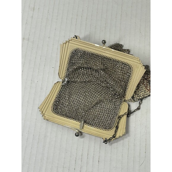 Antique 1920s Whiting and Davis Art Deco Enamel Mesh Purse Flapper Bag Tan Cream - Picture 5 of 7